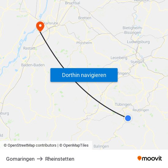 Gomaringen to Rheinstetten map