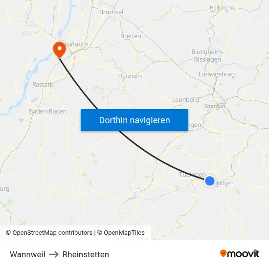 Wannweil to Rheinstetten map