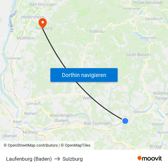 Laufenburg (Baden) to Sulzburg map