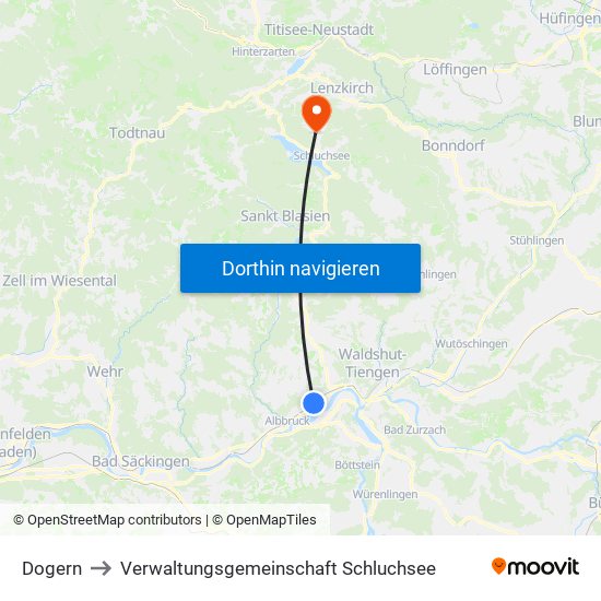 Dogern to Verwaltungsgemeinschaft Schluchsee map
