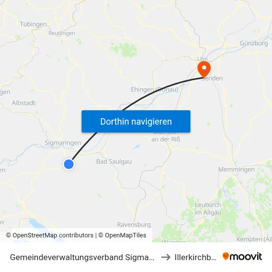 Gemeindeverwaltungsverband Sigmaringen to Illerkirchberg map