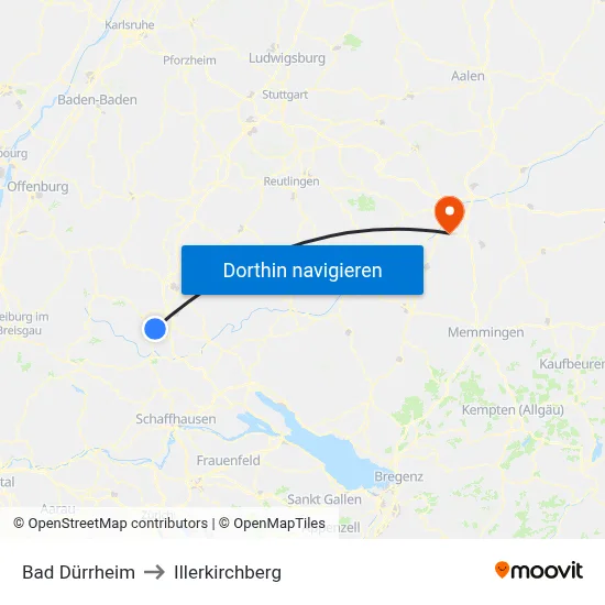 Bad Dürrheim to Illerkirchberg map
