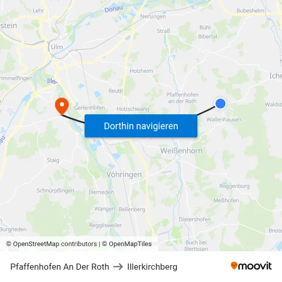 Pfaffenhofen An Der Roth to Illerkirchberg map
