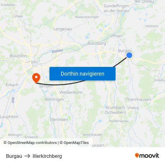 Burgau to Illerkirchberg map