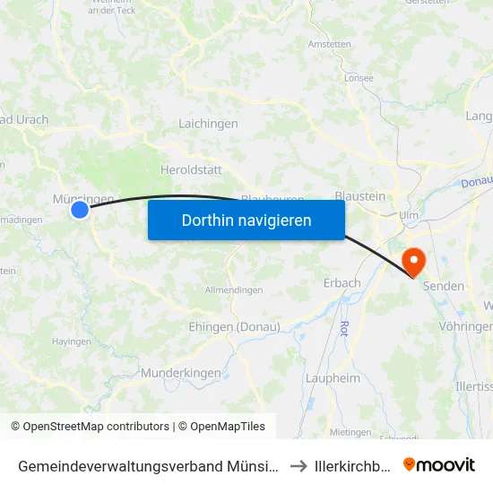 Gemeindeverwaltungsverband Münsingen to Illerkirchberg map
