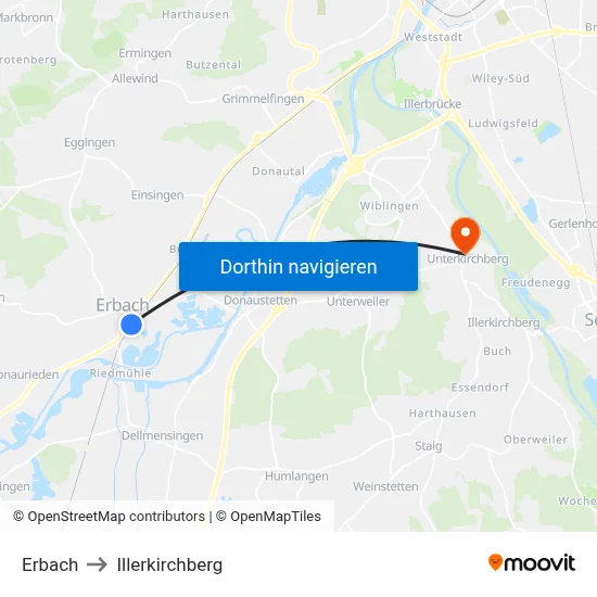 Erbach to Illerkirchberg map