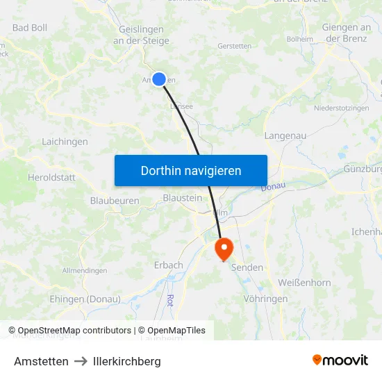 Amstetten to Illerkirchberg map