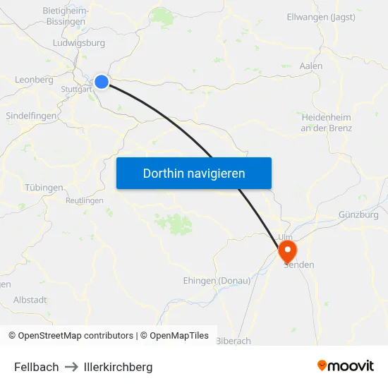 Fellbach to Illerkirchberg map