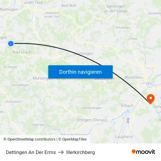 Dettingen An Der Erms to Illerkirchberg map