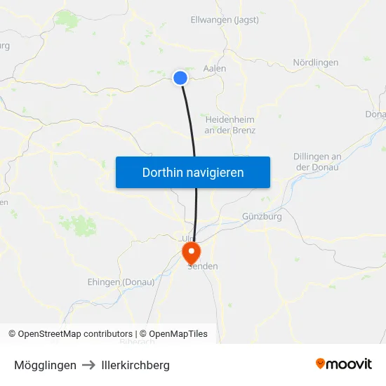 Mögglingen to Illerkirchberg map