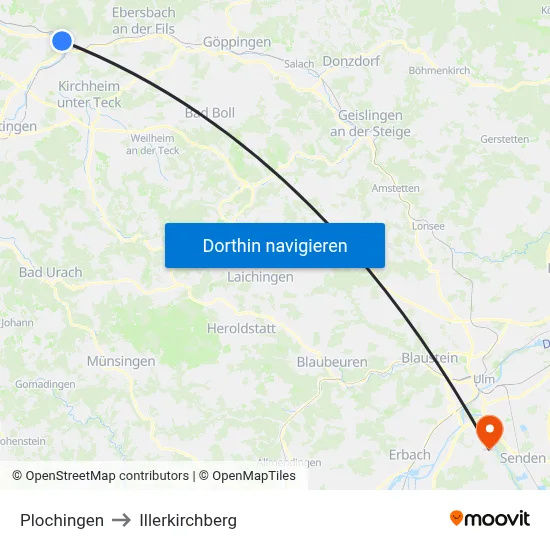 Plochingen to Illerkirchberg map