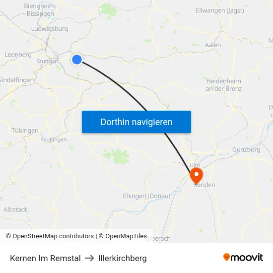 Kernen Im Remstal to Illerkirchberg map