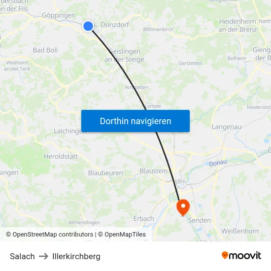 Salach to Illerkirchberg map