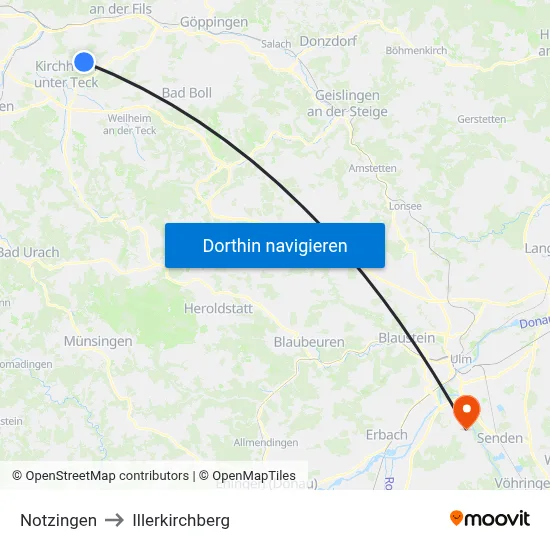 Notzingen to Illerkirchberg map