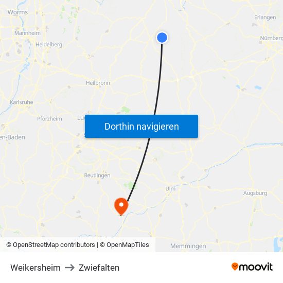 Weikersheim to Zwiefalten map