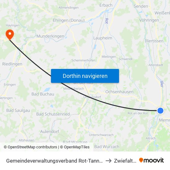 Gemeindeverwaltungsverband Rot-Tannheim to Zwiefalten map