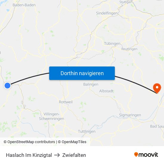 Haslach Im Kinzigtal to Zwiefalten map