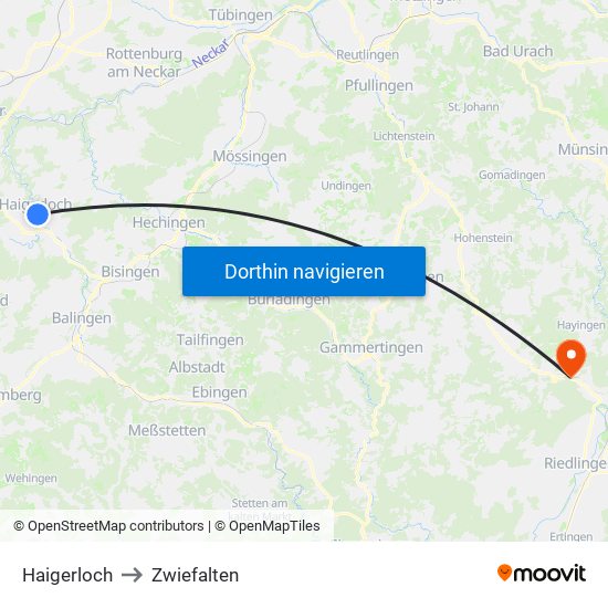 Haigerloch to Zwiefalten map