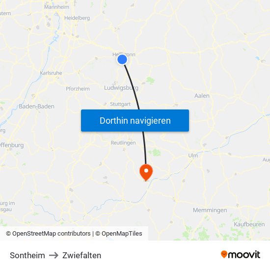 Sontheim to Zwiefalten map