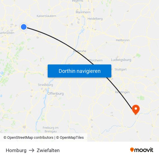 Homburg to Zwiefalten map