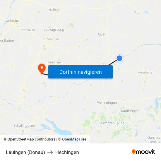 Lauingen (Donau) to Hechingen map
