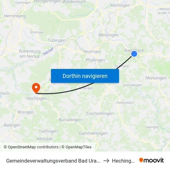 Gemeindeverwaltungsverband Bad Urach to Hechingen map