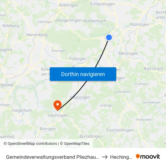 Gemeindeverwaltungsverband Pliezhausen to Hechingen map