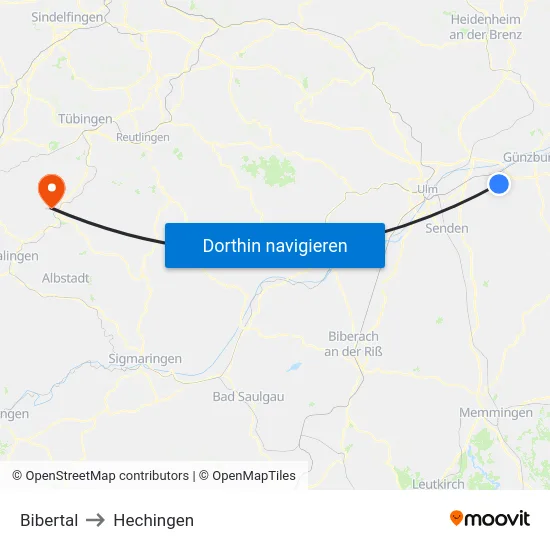 Bibertal to Hechingen map