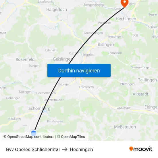 Gvv Oberes Schlichemtal to Hechingen map