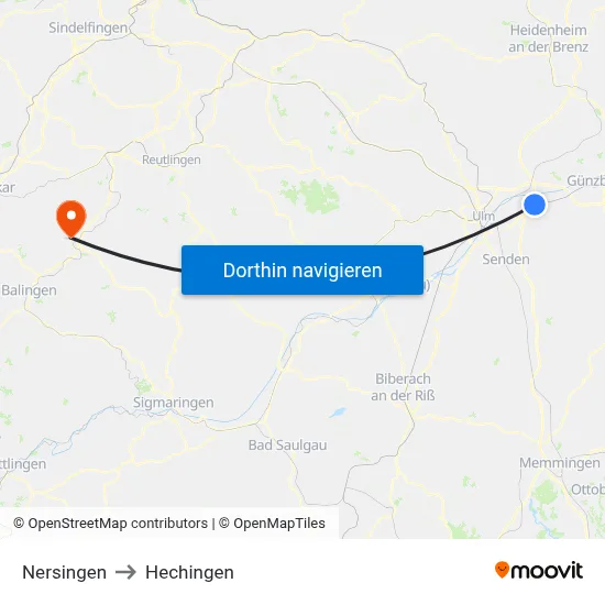 Nersingen to Hechingen map