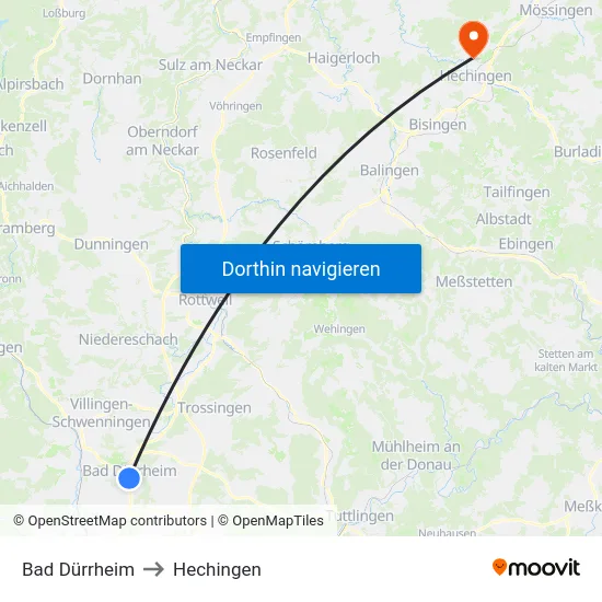 Bad Dürrheim to Hechingen map