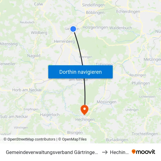 Gemeindeverwaltungsverband Gärtringen/Ehningen to Hechingen map