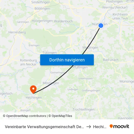 Vereinbarte Verwaltungsgemeinschaft Der Stadt Nürtingen to Hechingen map