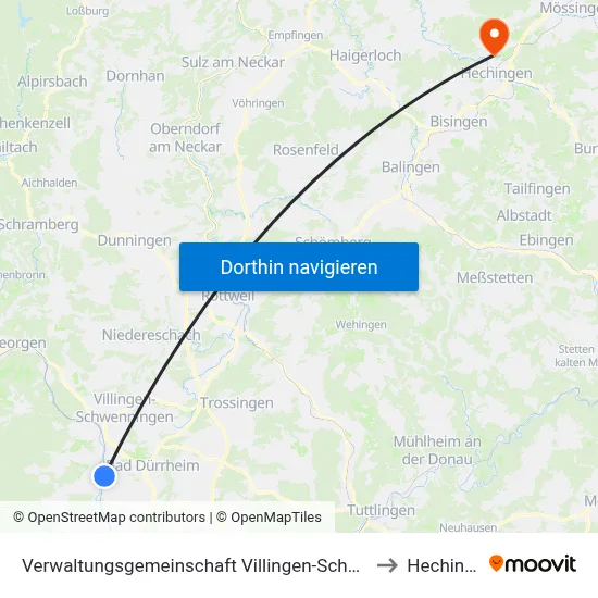 Verwaltungsgemeinschaft Villingen-Schwenningen to Hechingen map
