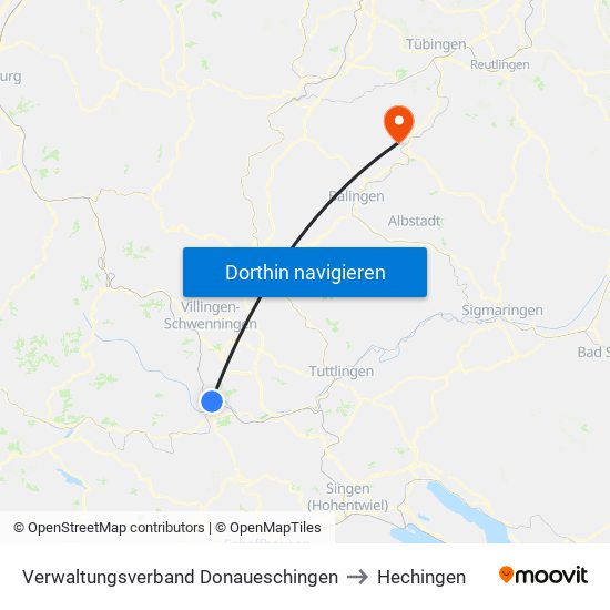 Verwaltungsverband Donaueschingen to Hechingen map