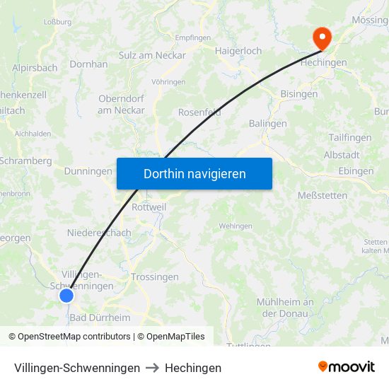 Villingen-Schwenningen to Hechingen map