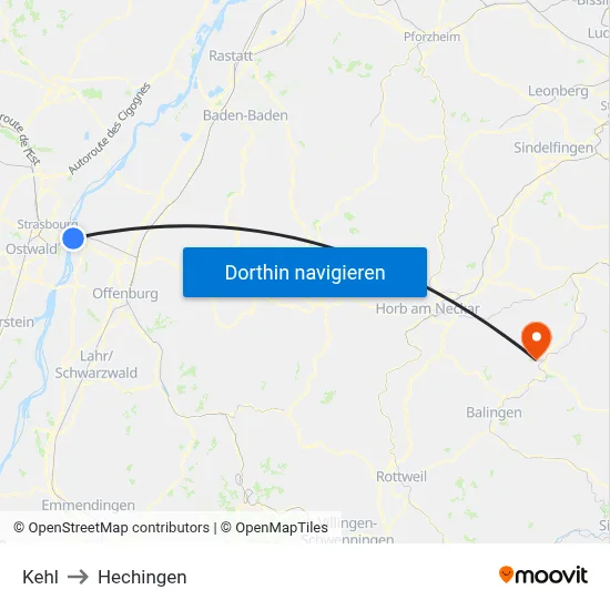 Kehl to Hechingen map