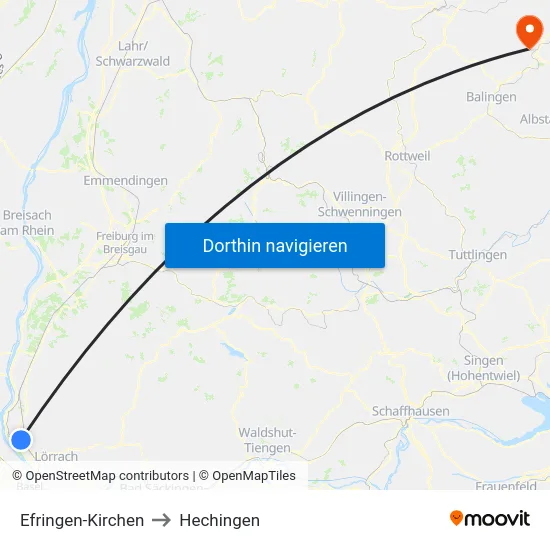Efringen-Kirchen to Hechingen map