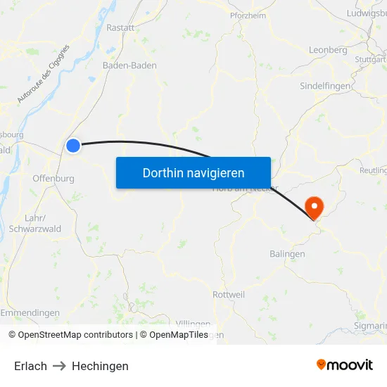 Erlach to Hechingen map