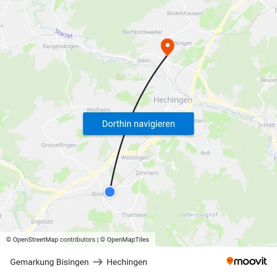 Gemarkung Bisingen to Hechingen map