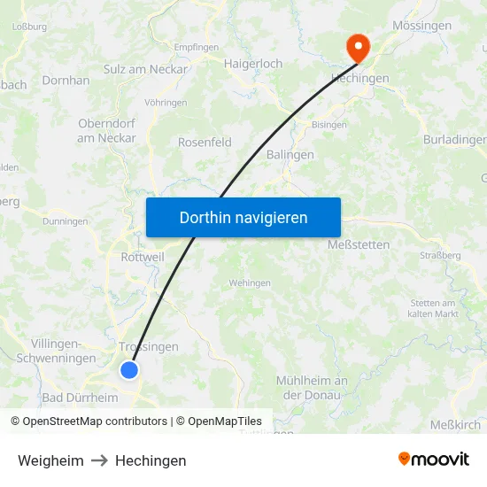 Weigheim to Hechingen map