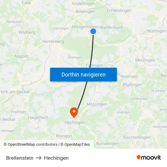 Breitenstein to Hechingen map