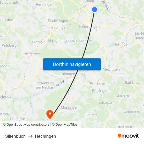 Sillenbuch to Hechingen map