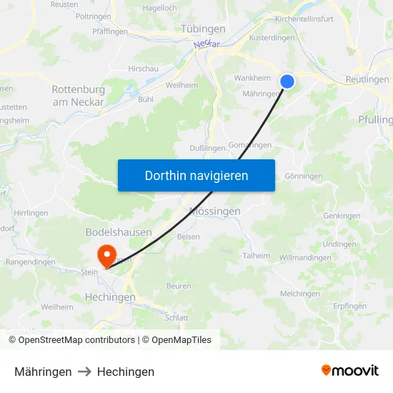 Mähringen to Hechingen map