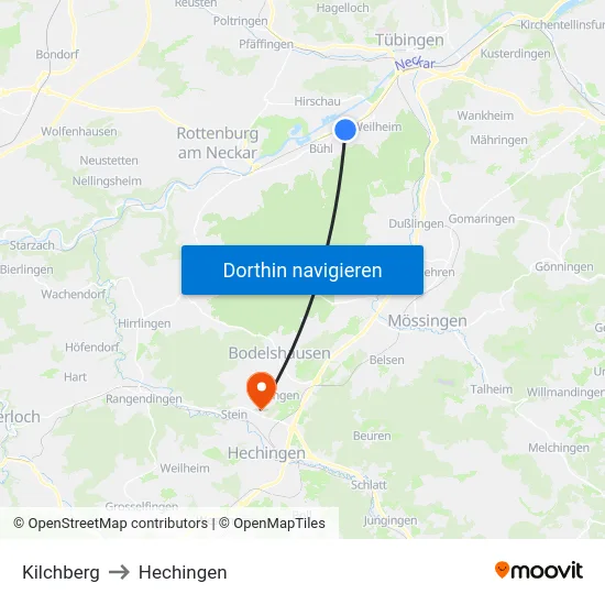 Kilchberg to Hechingen map