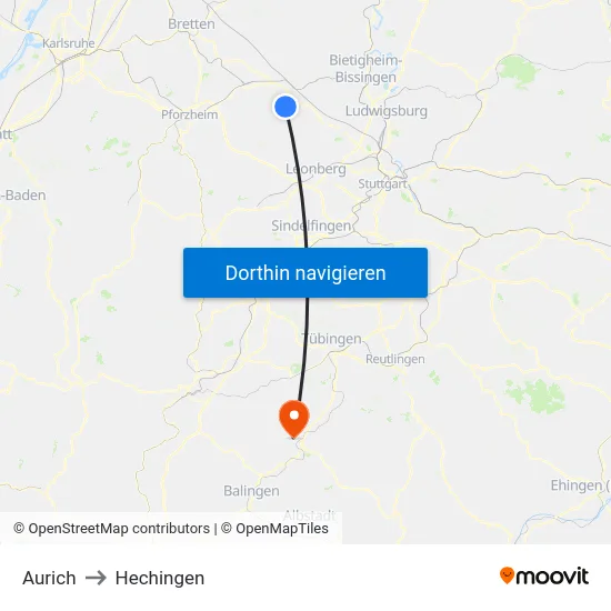 Aurich to Hechingen map
