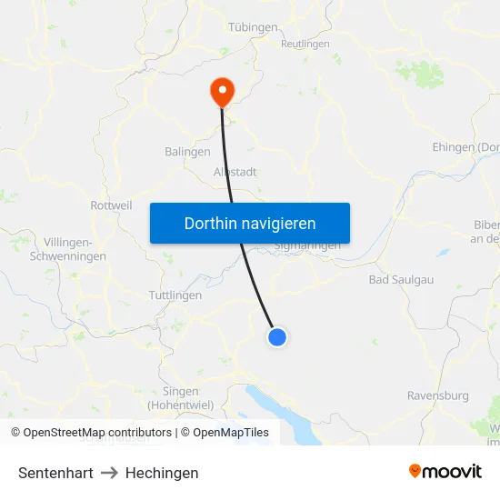 Sentenhart to Hechingen map