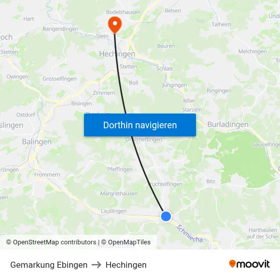 Gemarkung Ebingen to Hechingen map