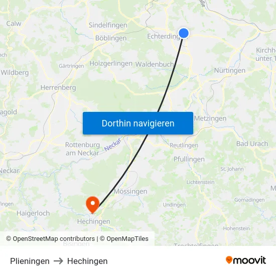 Plieningen to Hechingen map