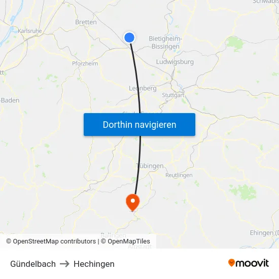 Gündelbach to Hechingen map